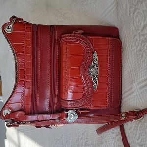 Red leather handbag